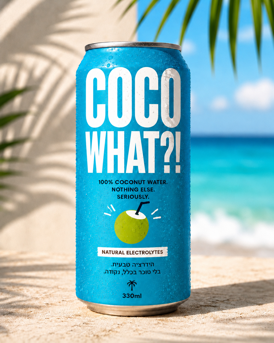 פחית COCO WHAT מי קוקוס על רקע חוף
